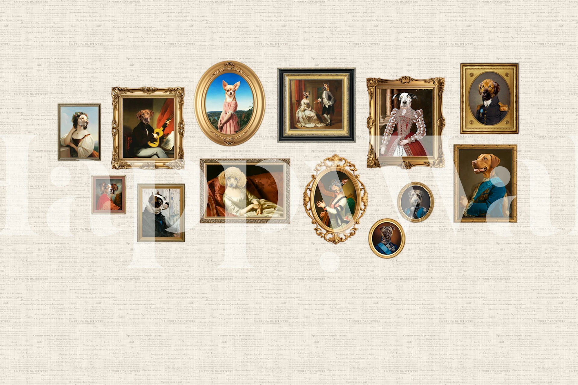 Various dog portraits in ornate frames on cream beige background wallpaper