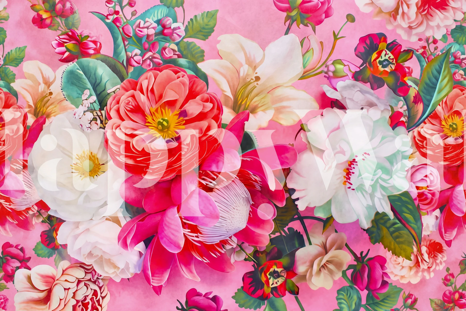 Pink retro flower wallpaper in a room