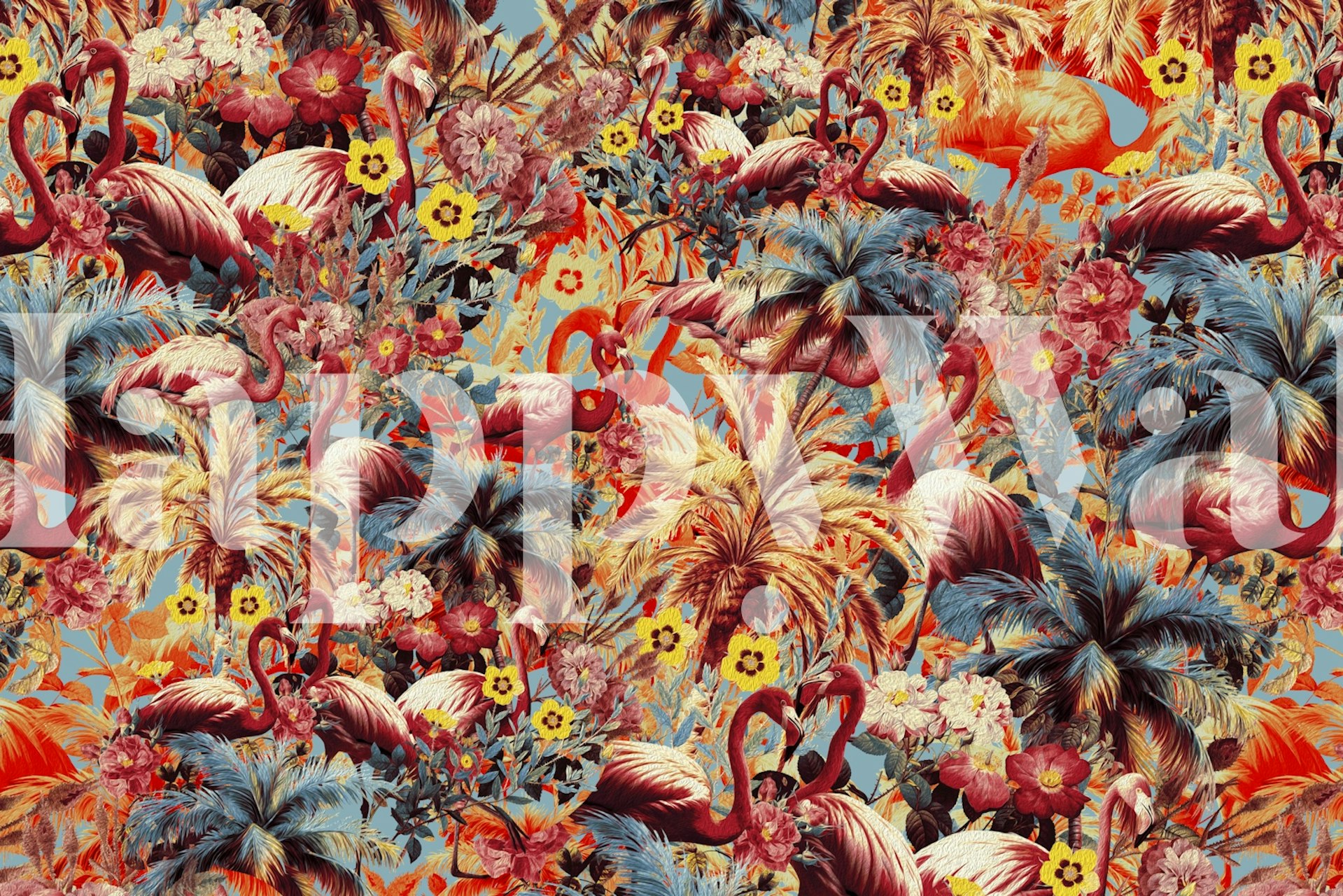 Flamingos and floral pattern wallpaper in a room