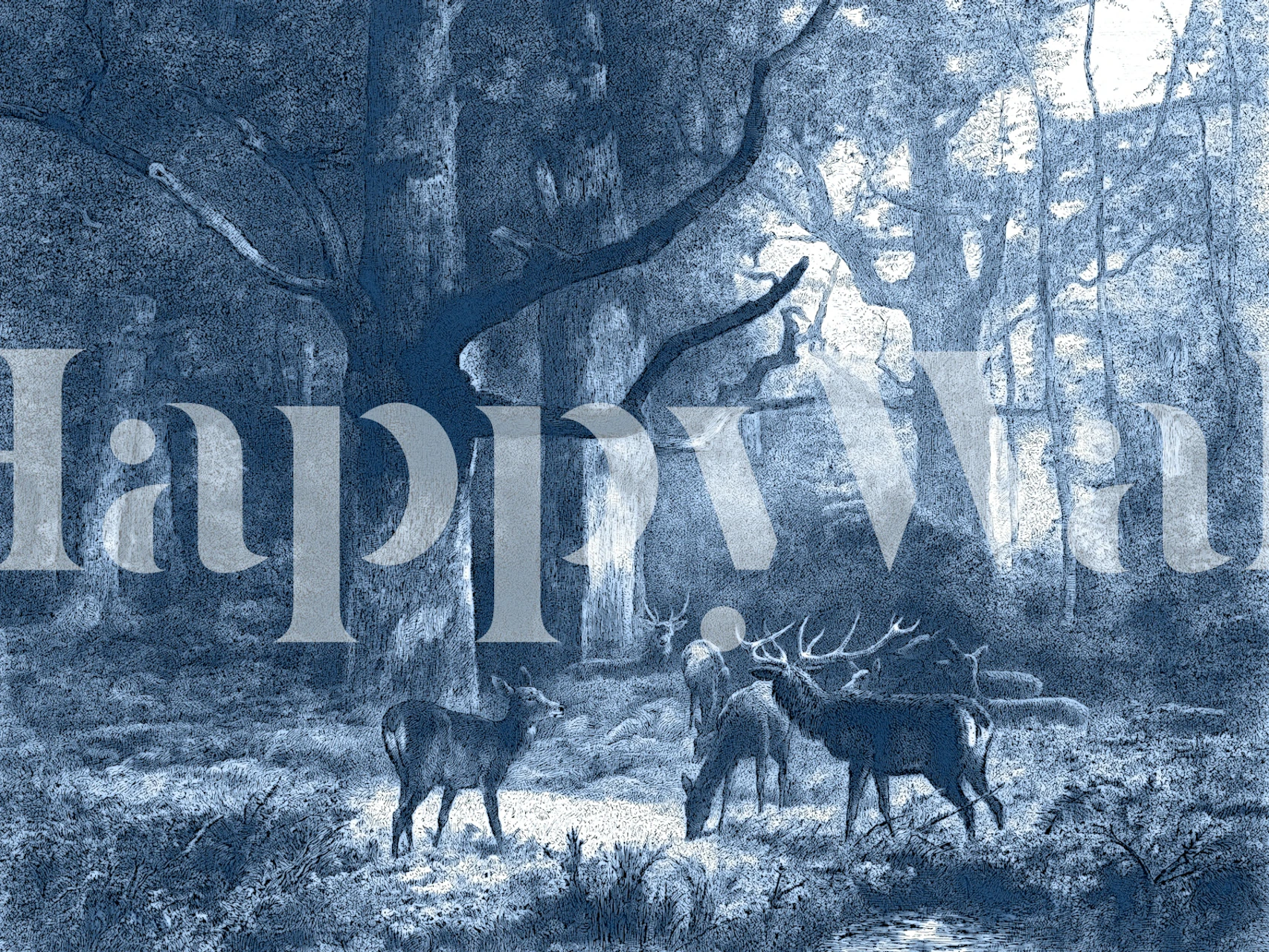 Forest scene with deer in blue tones wallpaper