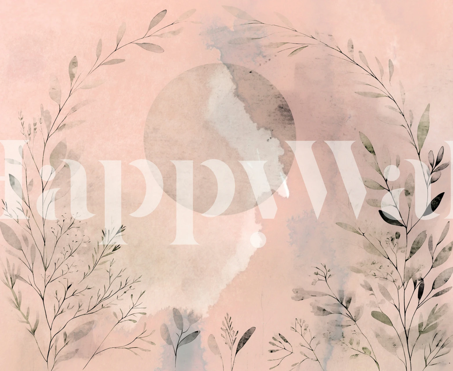 Soft pink botanical wallpaper with delicate greenery and circular patterns