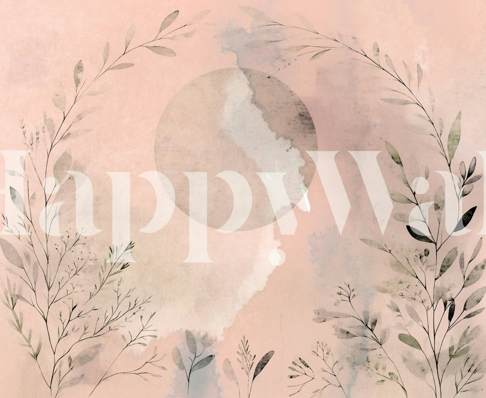Soft pink botanical wallpaper with delicate greenery and circular patterns
