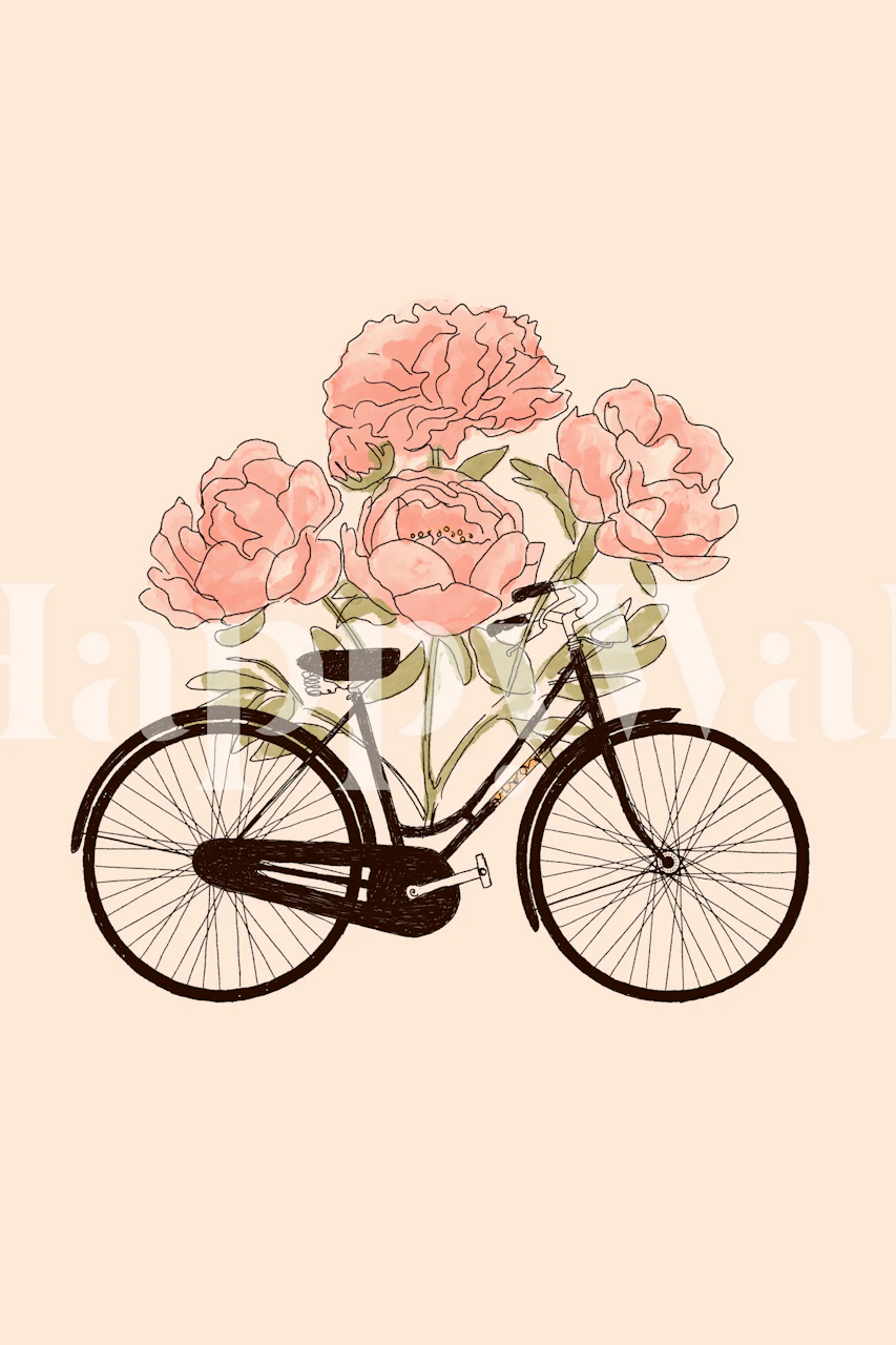 Vintage bike with pink peonies on a soft beige background wallpaper