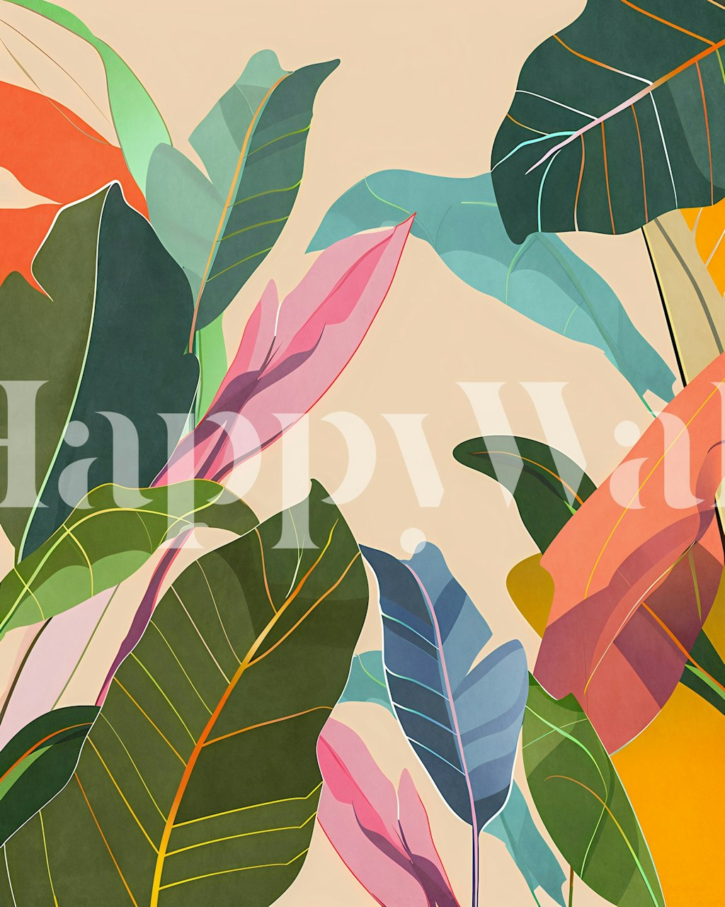 Tropical foliage pattern with colorful leaves in green, pink, and orange wallpaper