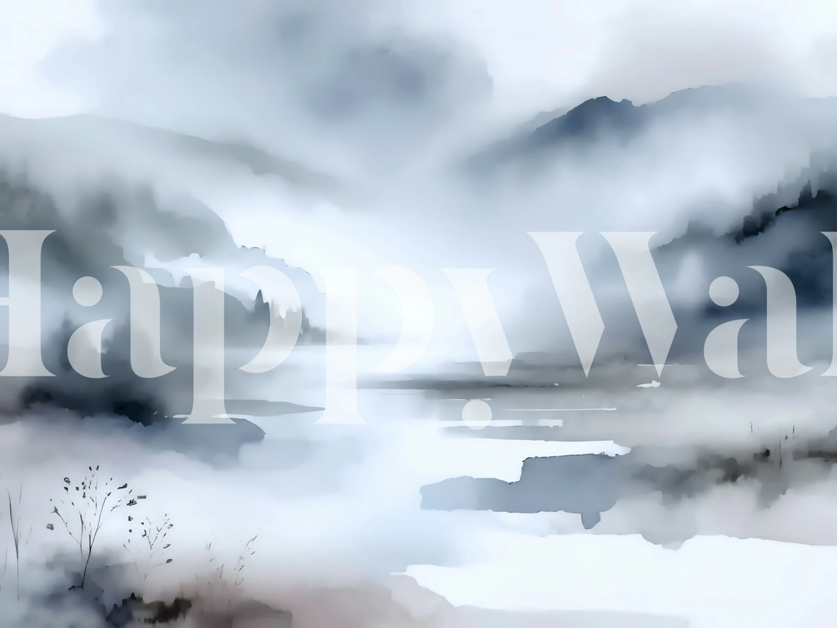 Abstract misty mountain landscape in gray hues wallpaper