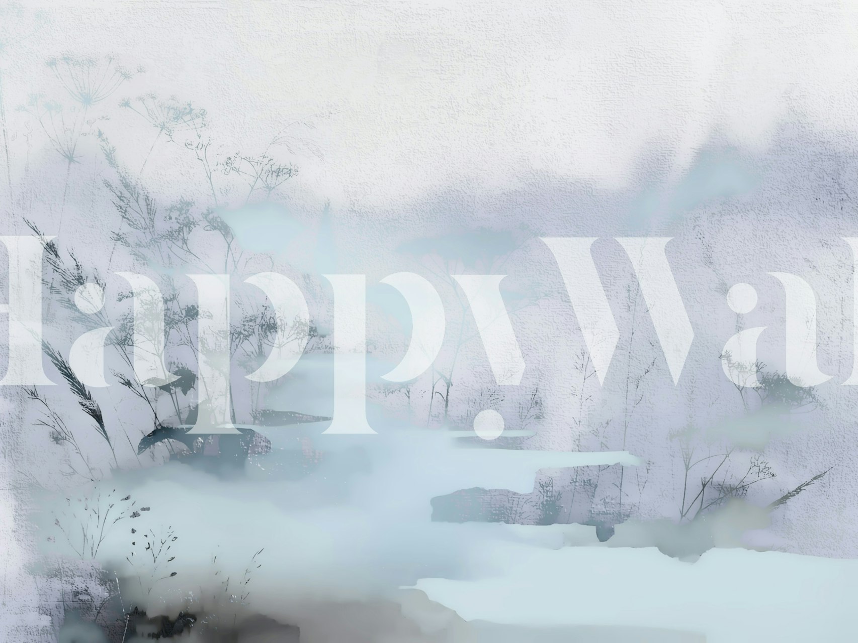 Gentle botanical wallpaper in soft blue and gray tones with abstract foggy design