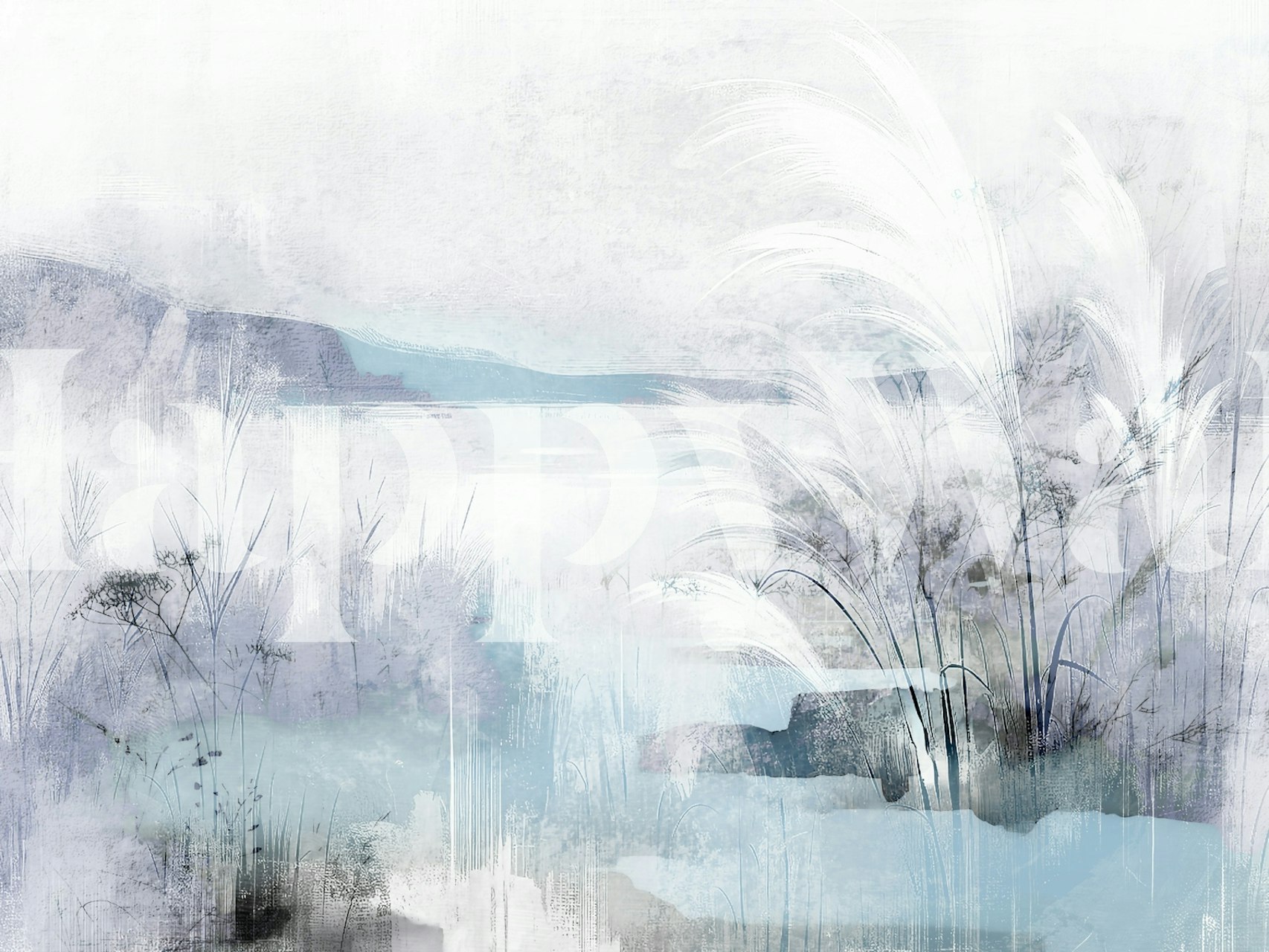 Abstract reeds by a misty lake in soft blues and whites wallpaper