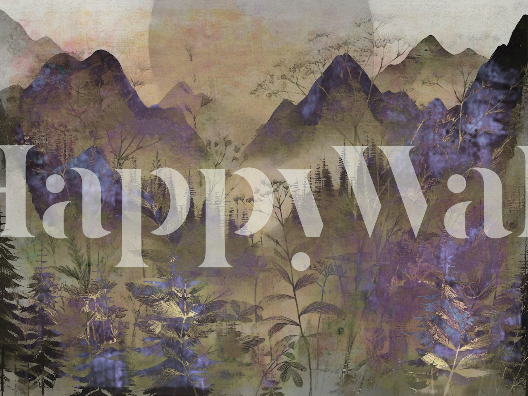 Mountain landscape with soft purple, green, and earthy tones wallpaper