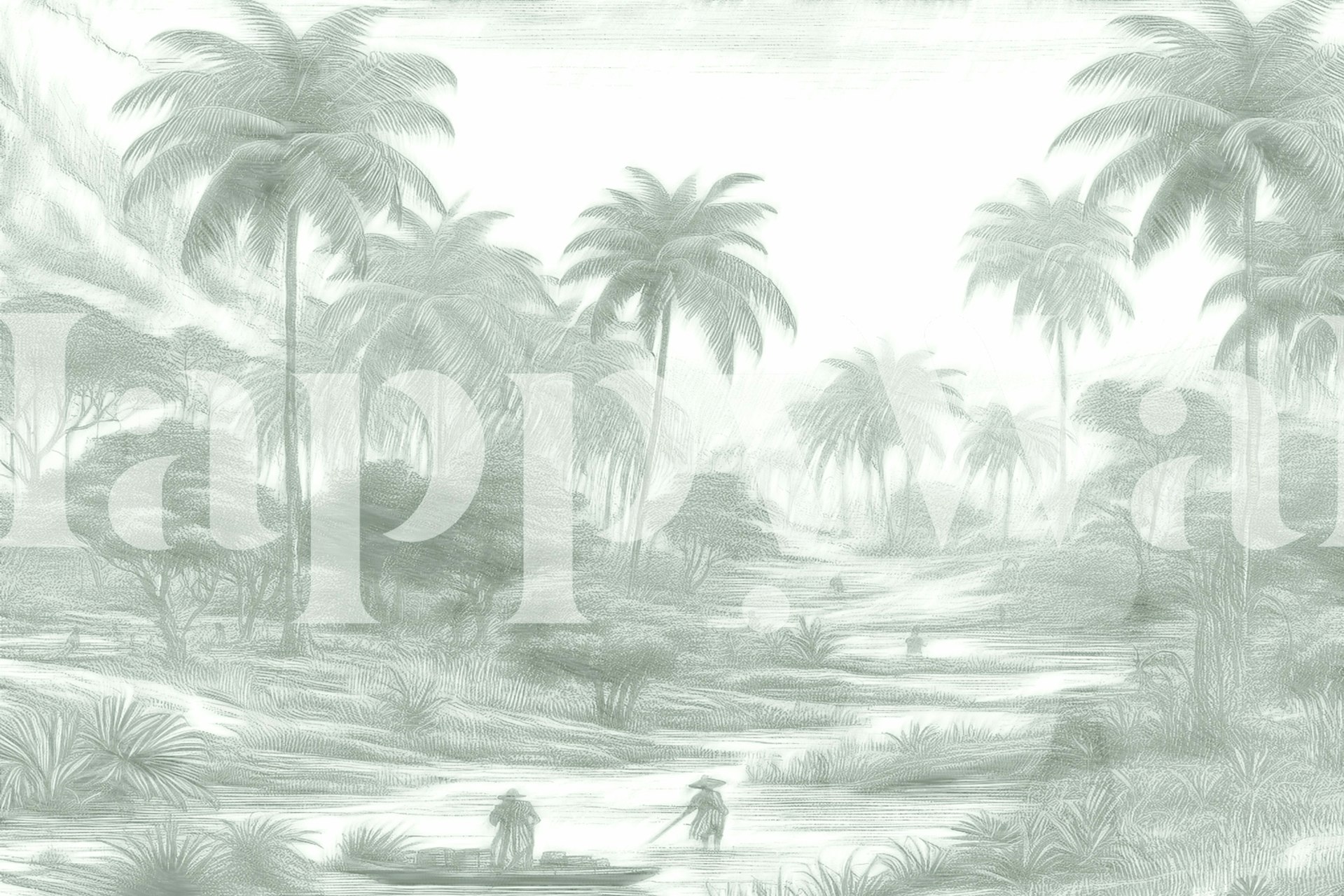 Tropical palm landscape wallpaper in green shades and fine detail.