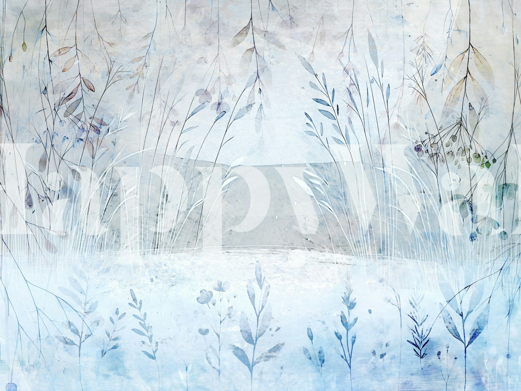 Watercolor botanical wallpaper featuring soft blue hues and delicate floral elements