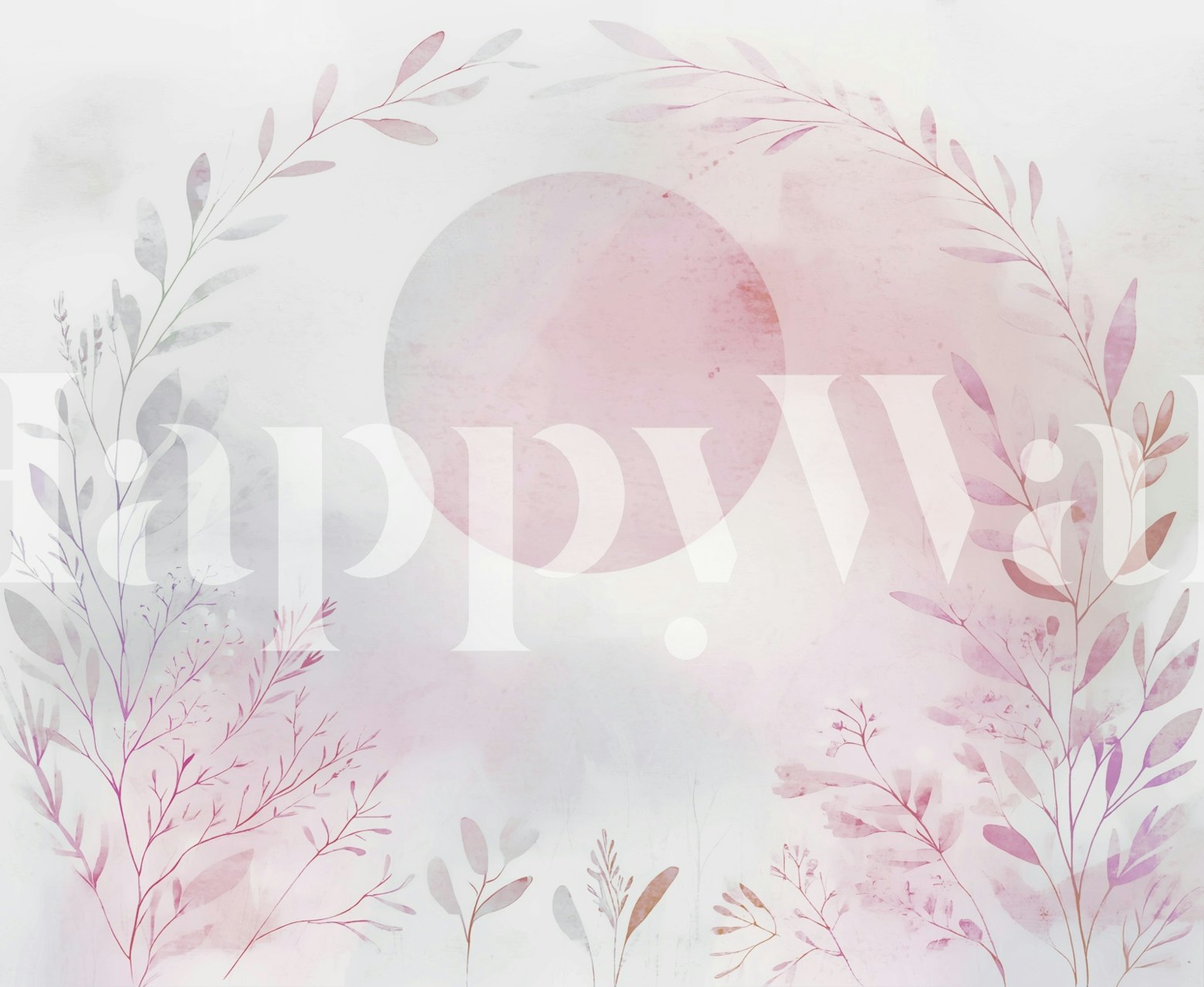 Pink botanical wallpaper with soft watercolor foliage and circle design