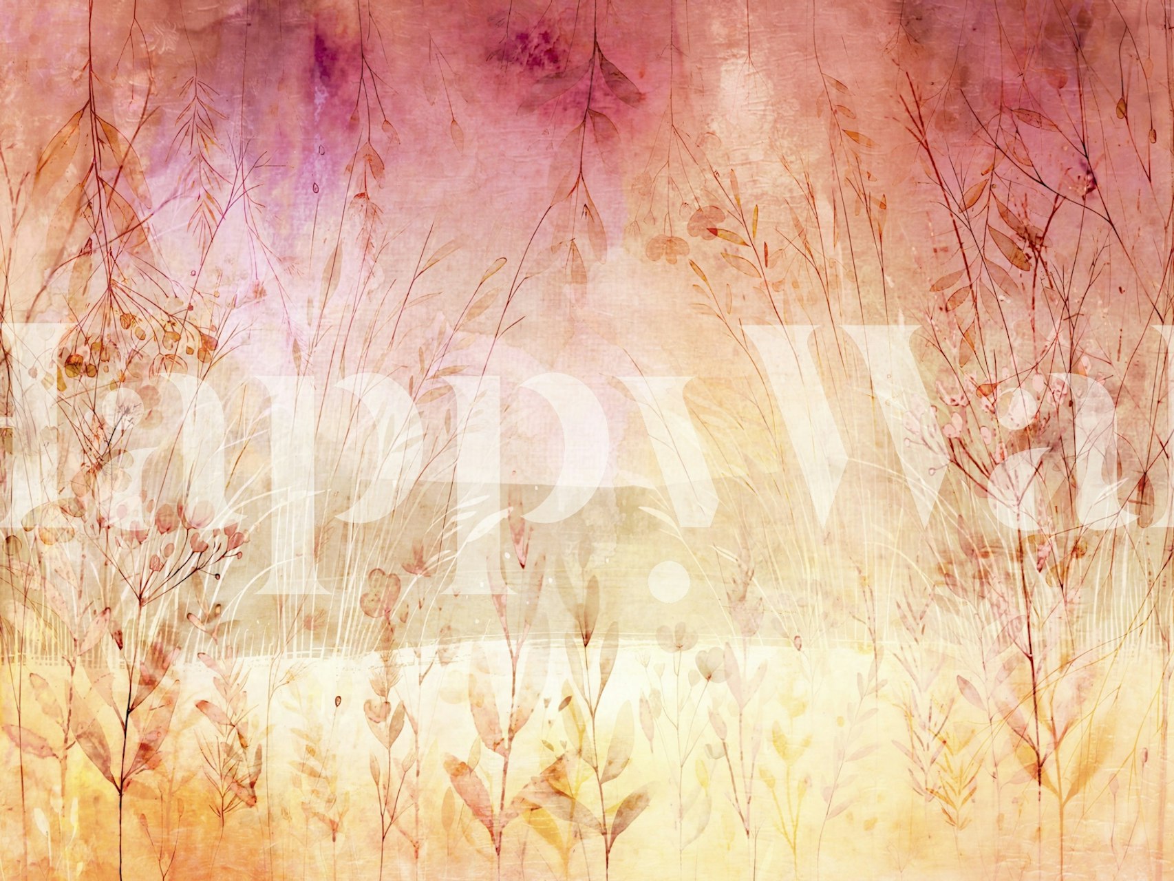 Floral watercolor wall mural in soft pink and gold colors