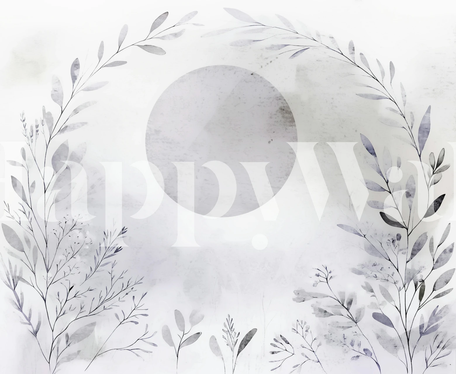 Delicate floral leaves and a grey circle pattern wallpaper