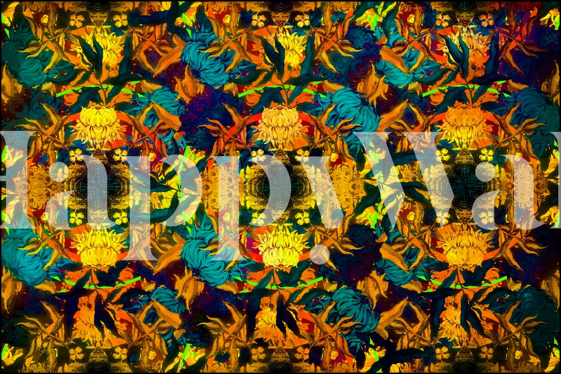 Vibrant floral design with blue, yellow, and green colors in a kaleidoscopic pattern wallpaper
