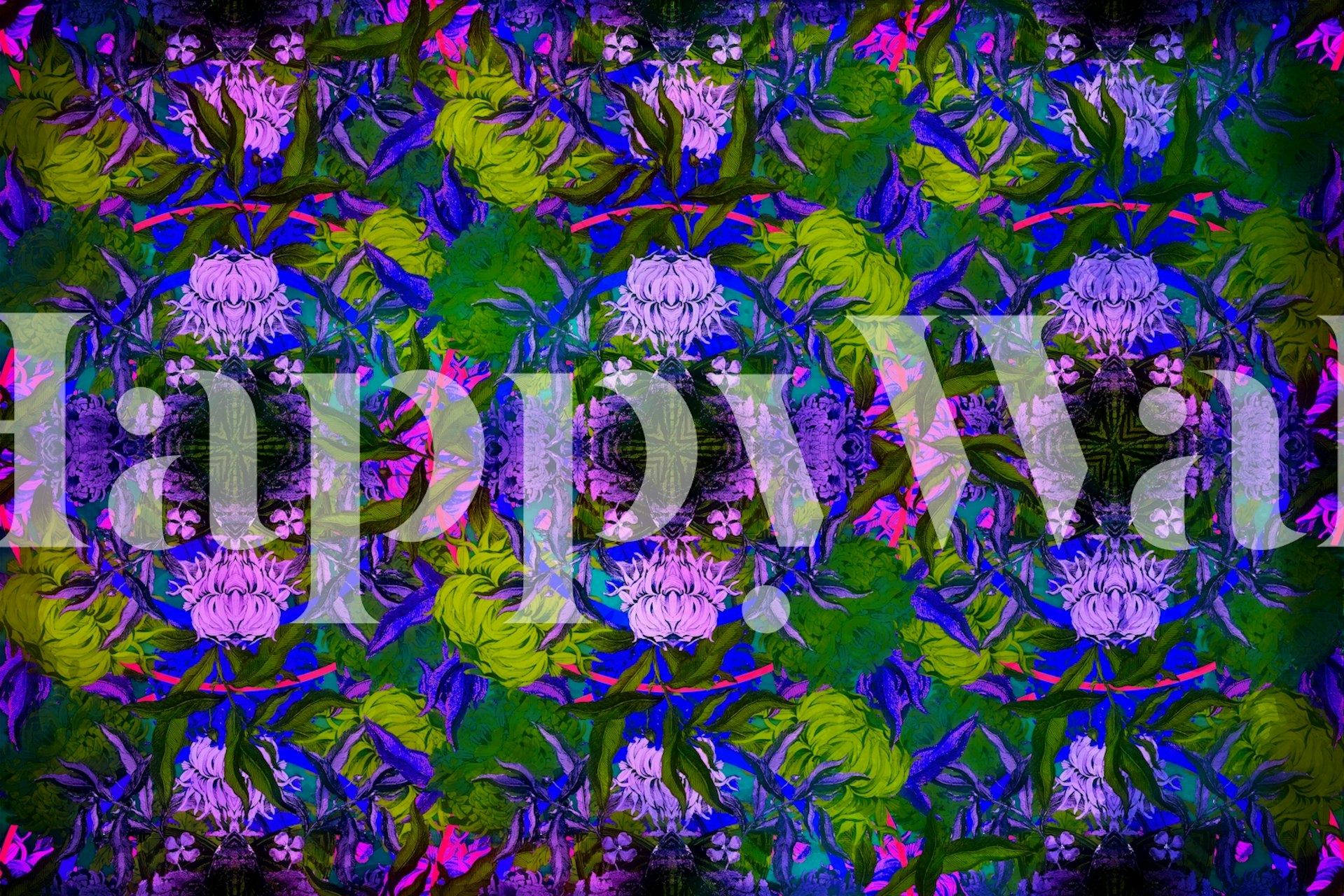 Colorful floral and leafy pattern with purple, green, and pink tones wallpaper