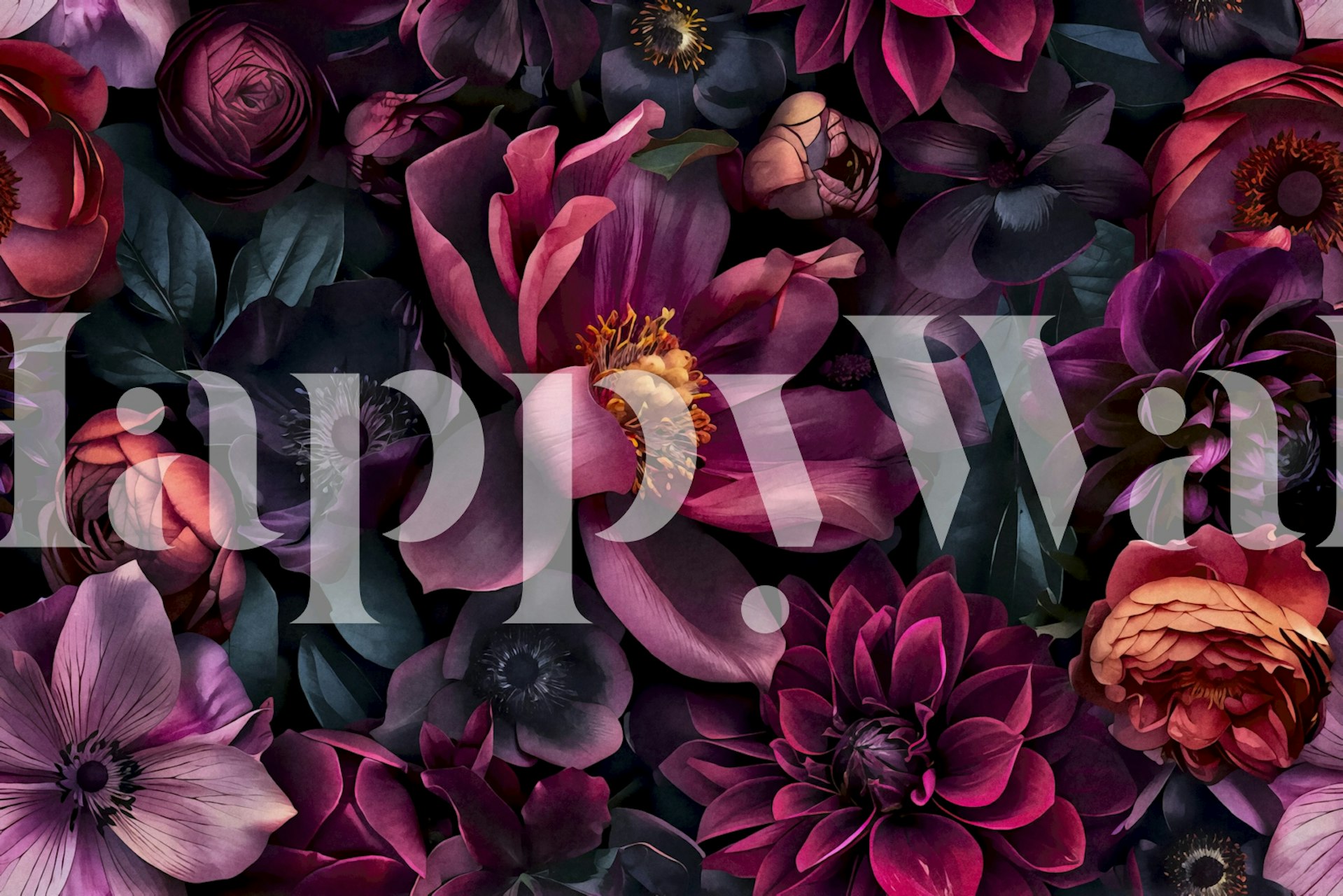 Dark floral wallpaper with crimson and purple flowers, botanical design