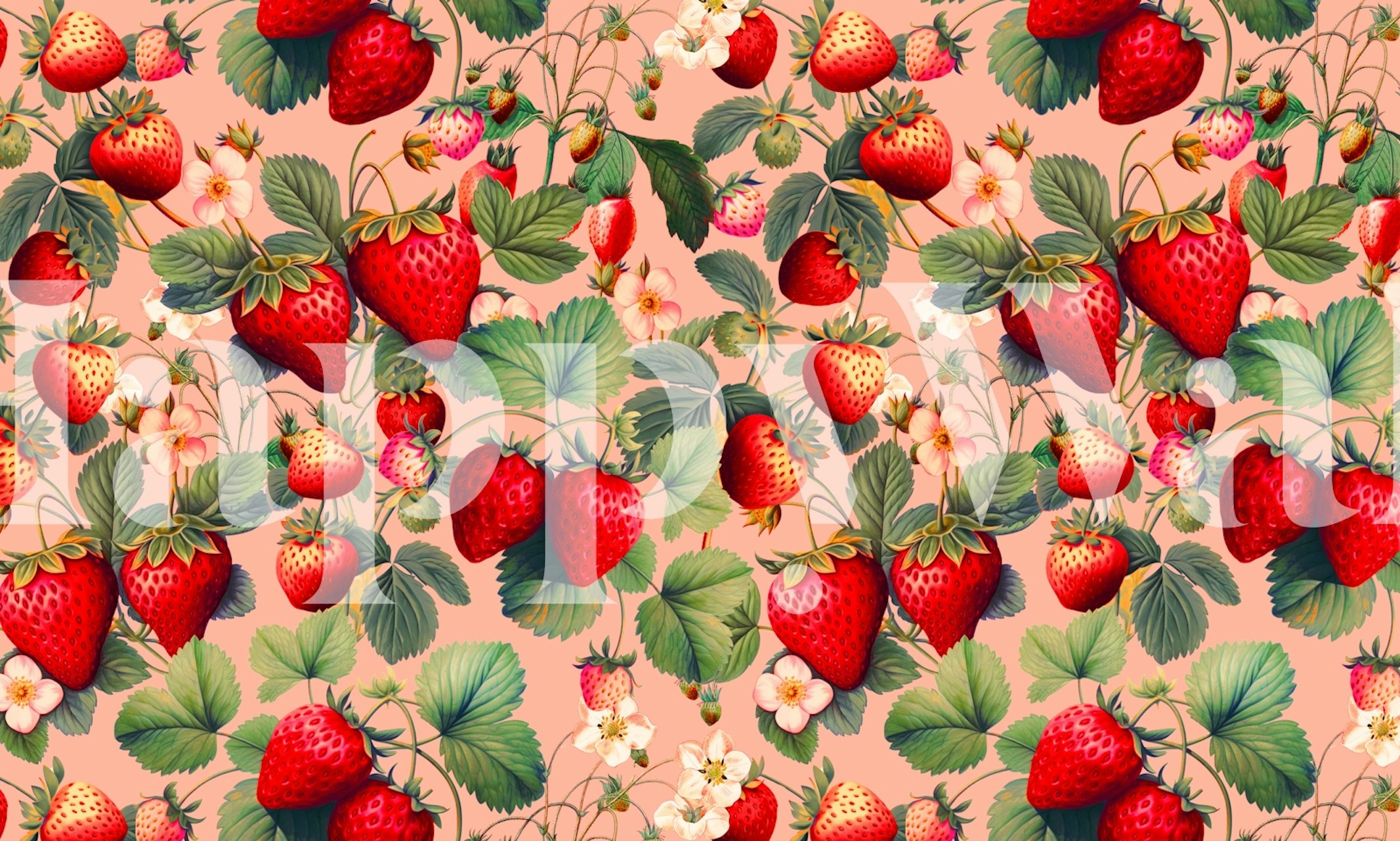 Strawberry floral wallpaper with vibrant red strawberries and flowers on a pastel background