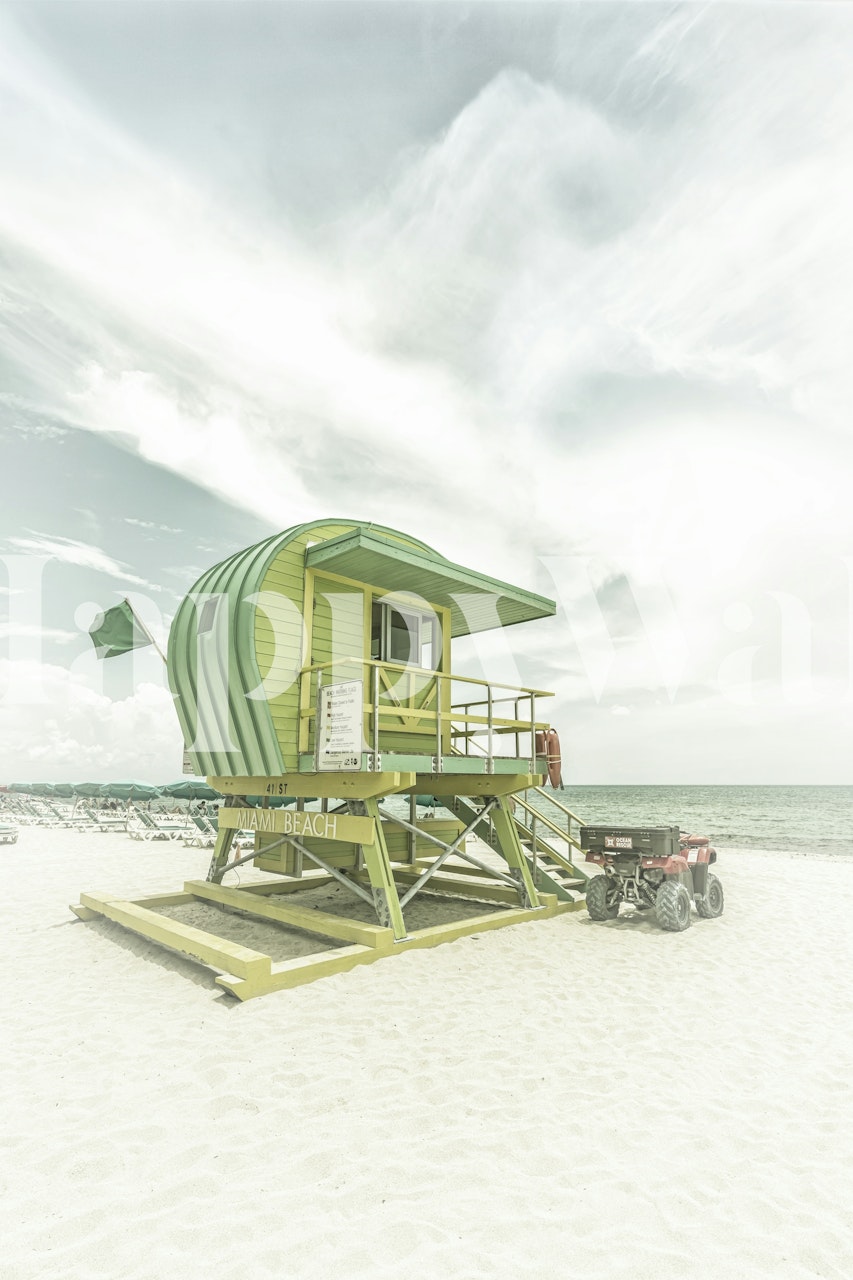 Coastal beach hut in green and white colors vintage wallpaper