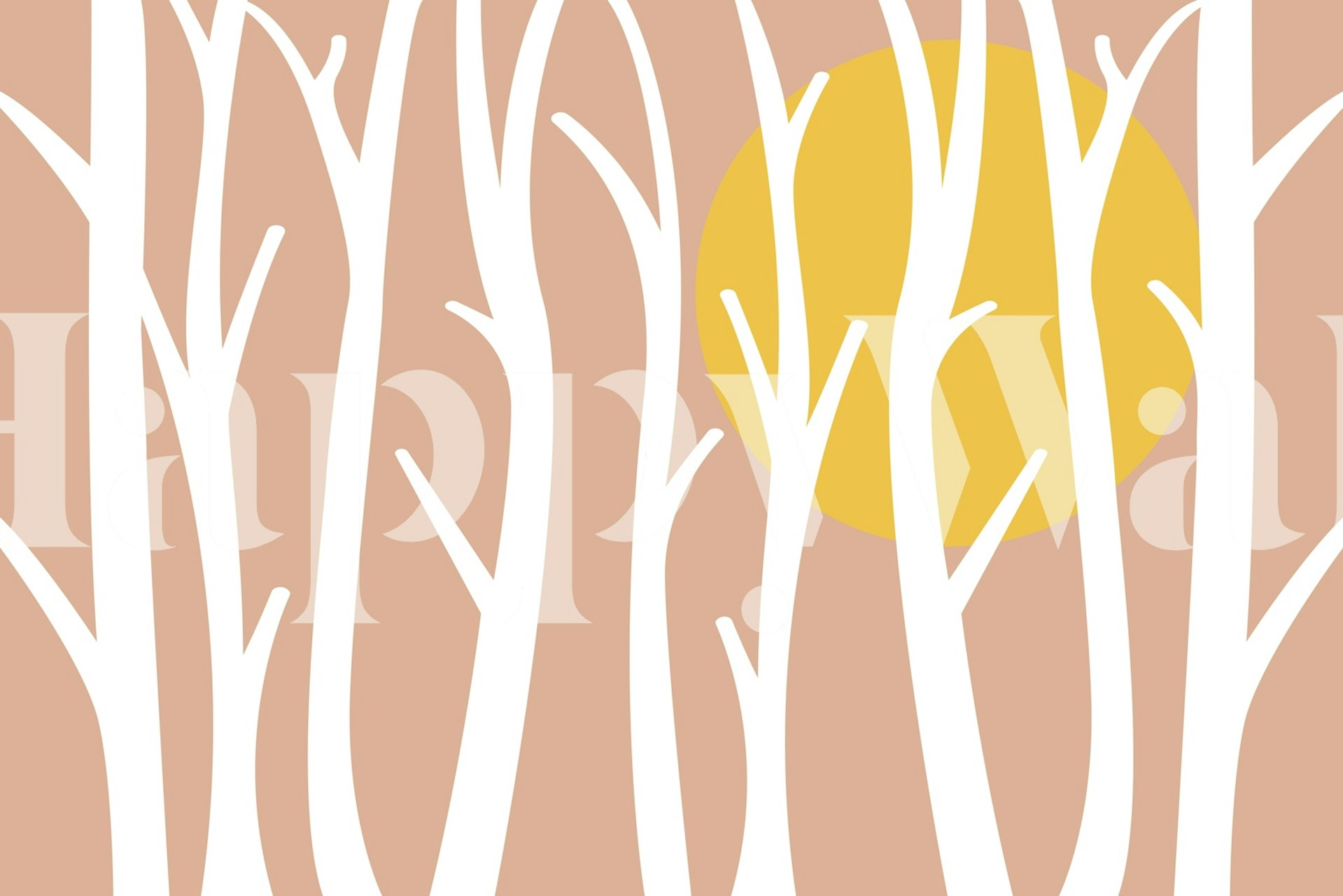 White tree branches on peach background with yellow sun wallpaper