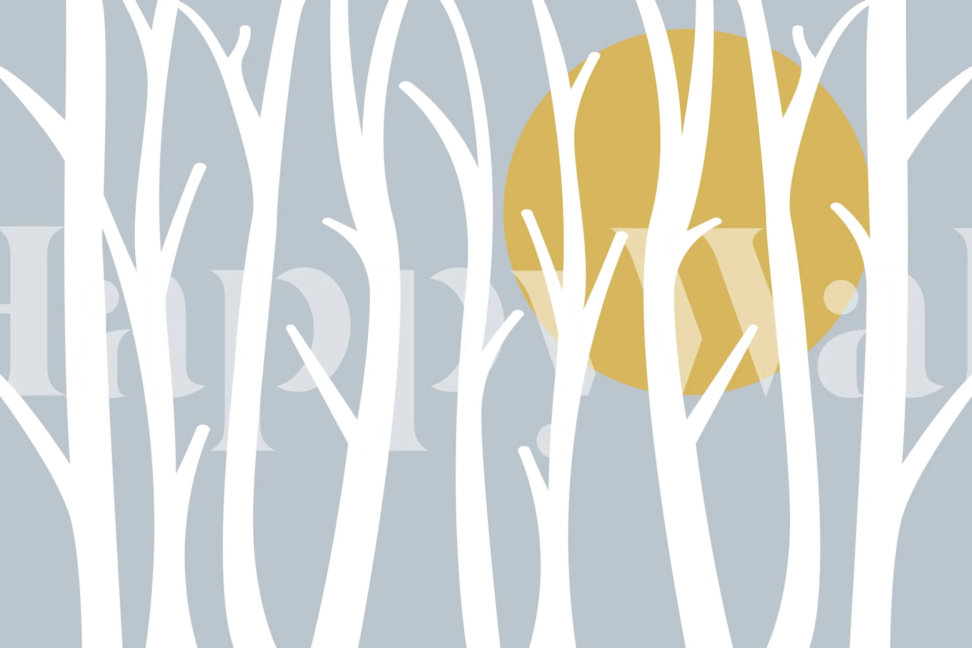 White trees against grey background with a golden orb wallpaper