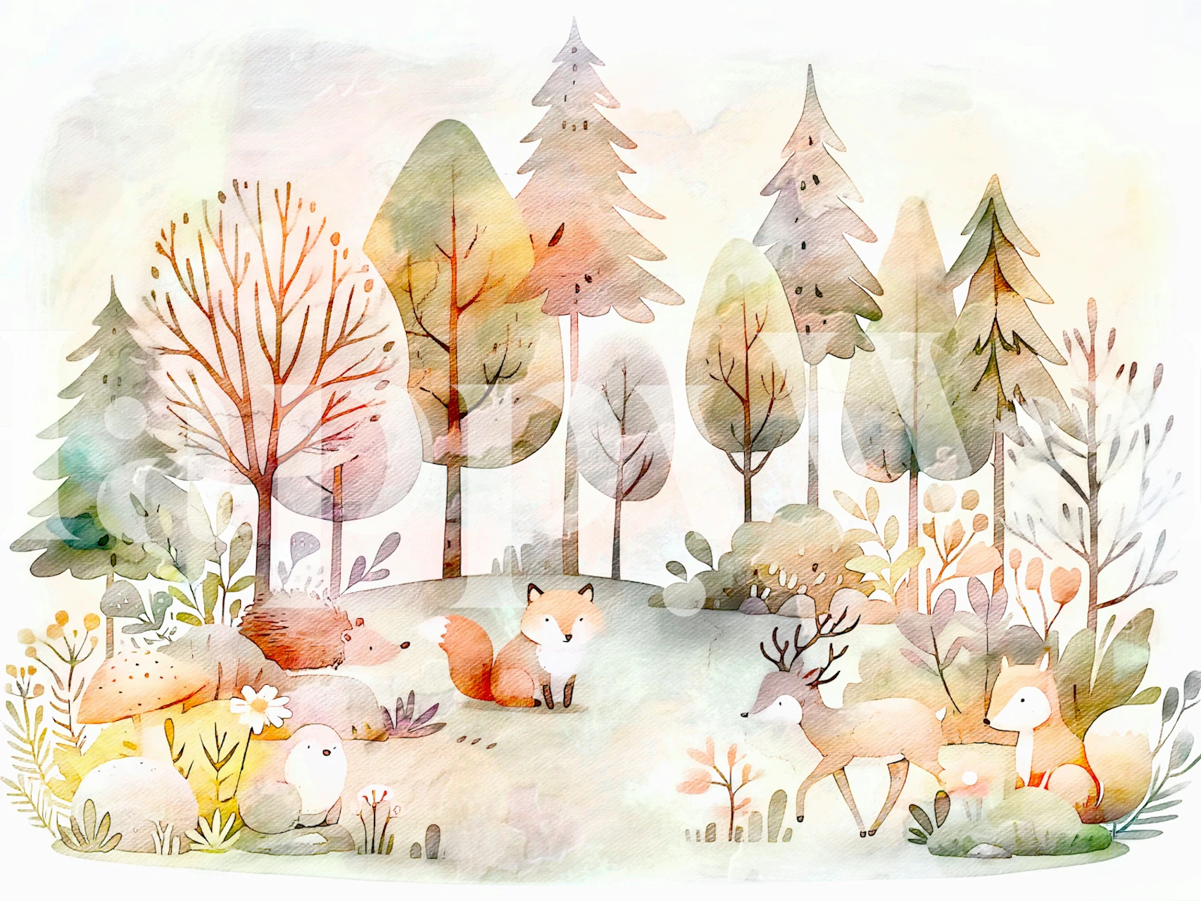 Watercolor woodland scene featuring animals and trees wallpaper