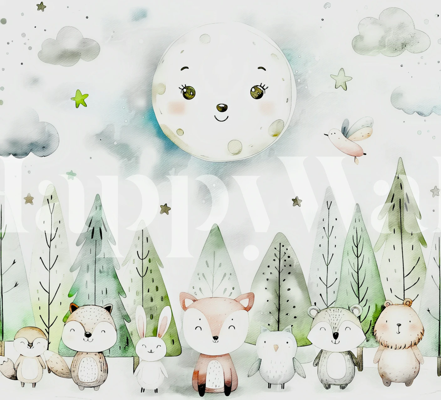 Whimsical forest animals under a moon wallpaper