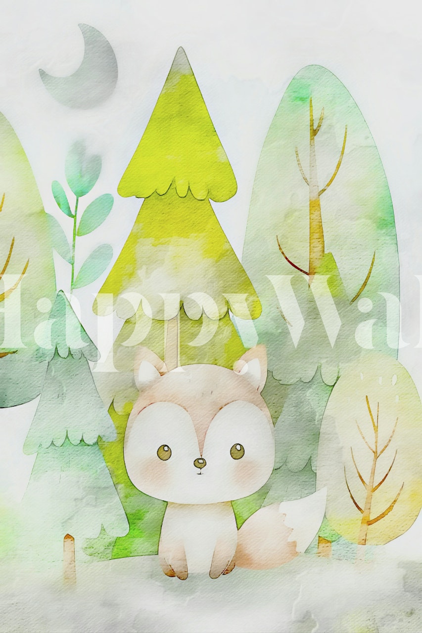 Forest fox surrounded by green trees and soft colors wallpaper