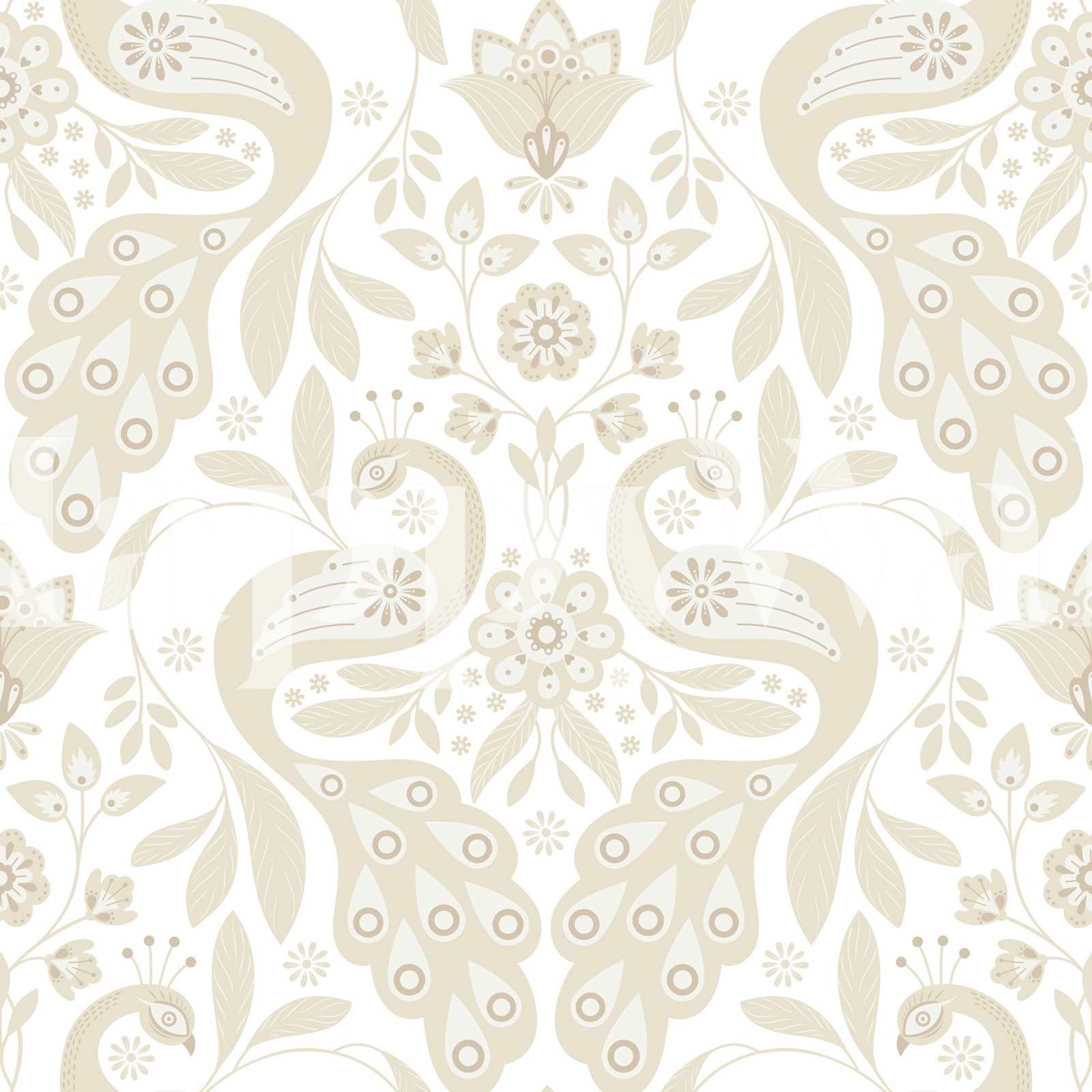 Neutral Peacock Wallpaper - Scandi Folk Botanical