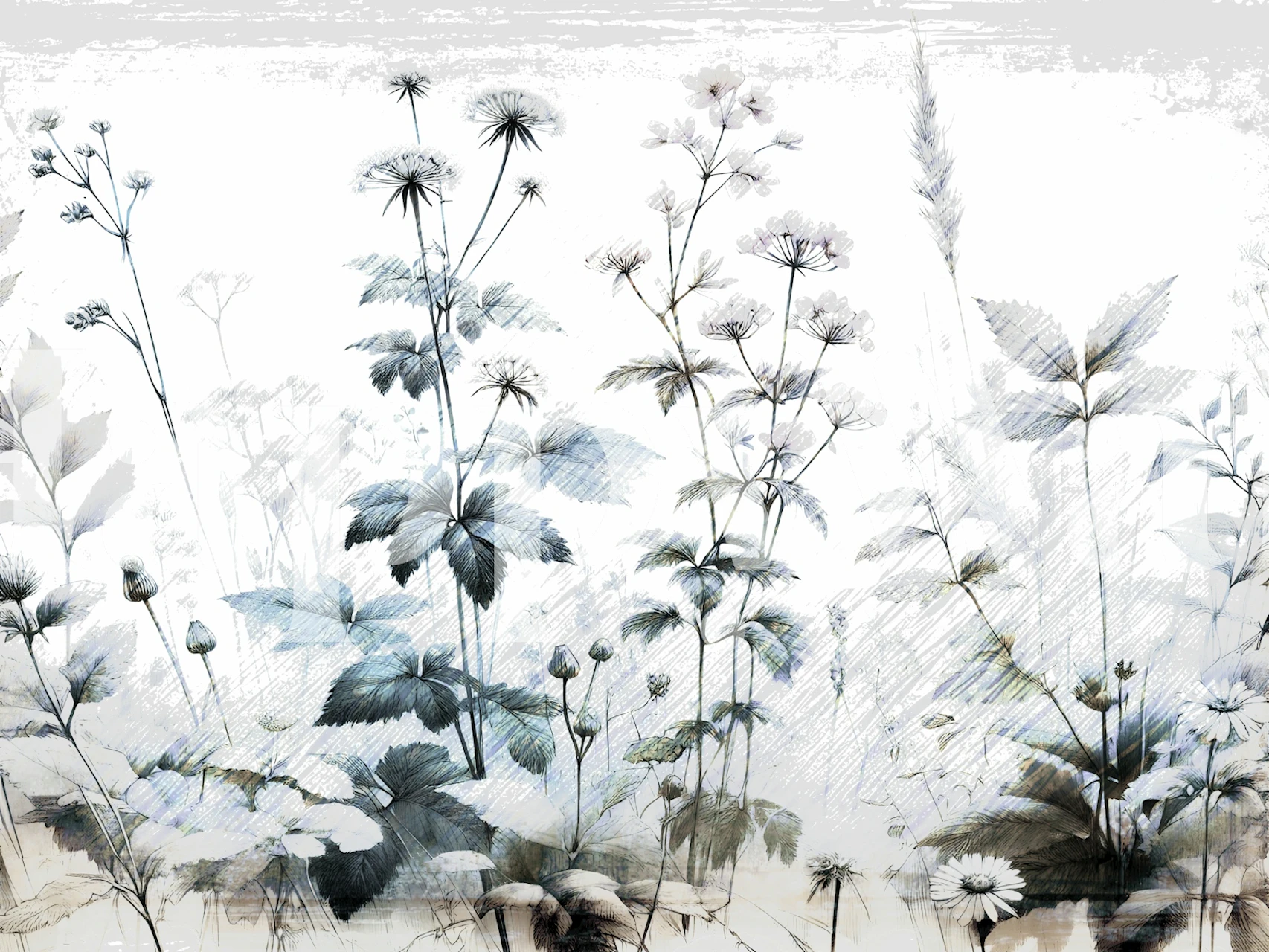 Ethereal Botanical Sketch Tapete in einem Raum