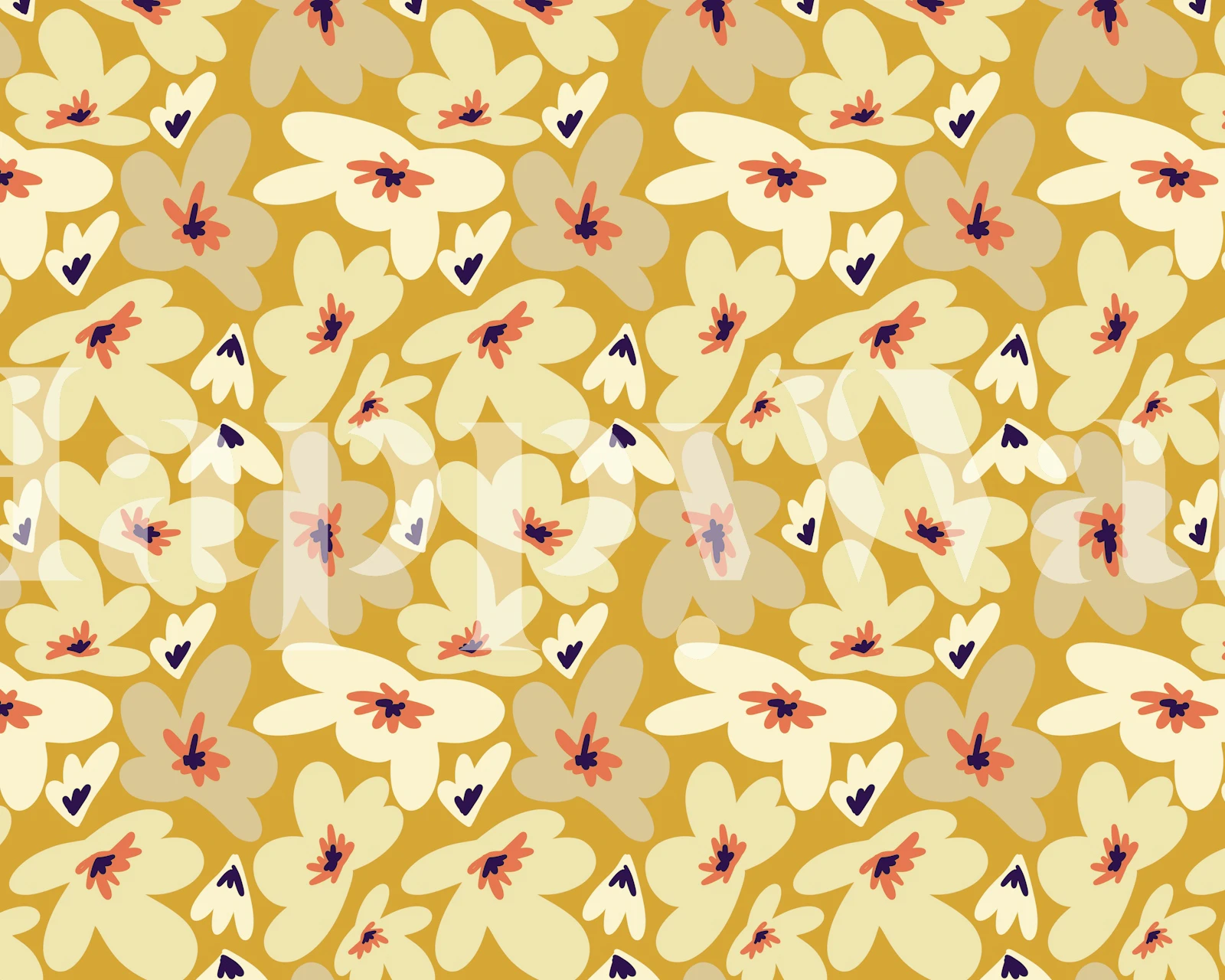 Yellow Groovy Retro Flowers behang in een kamer