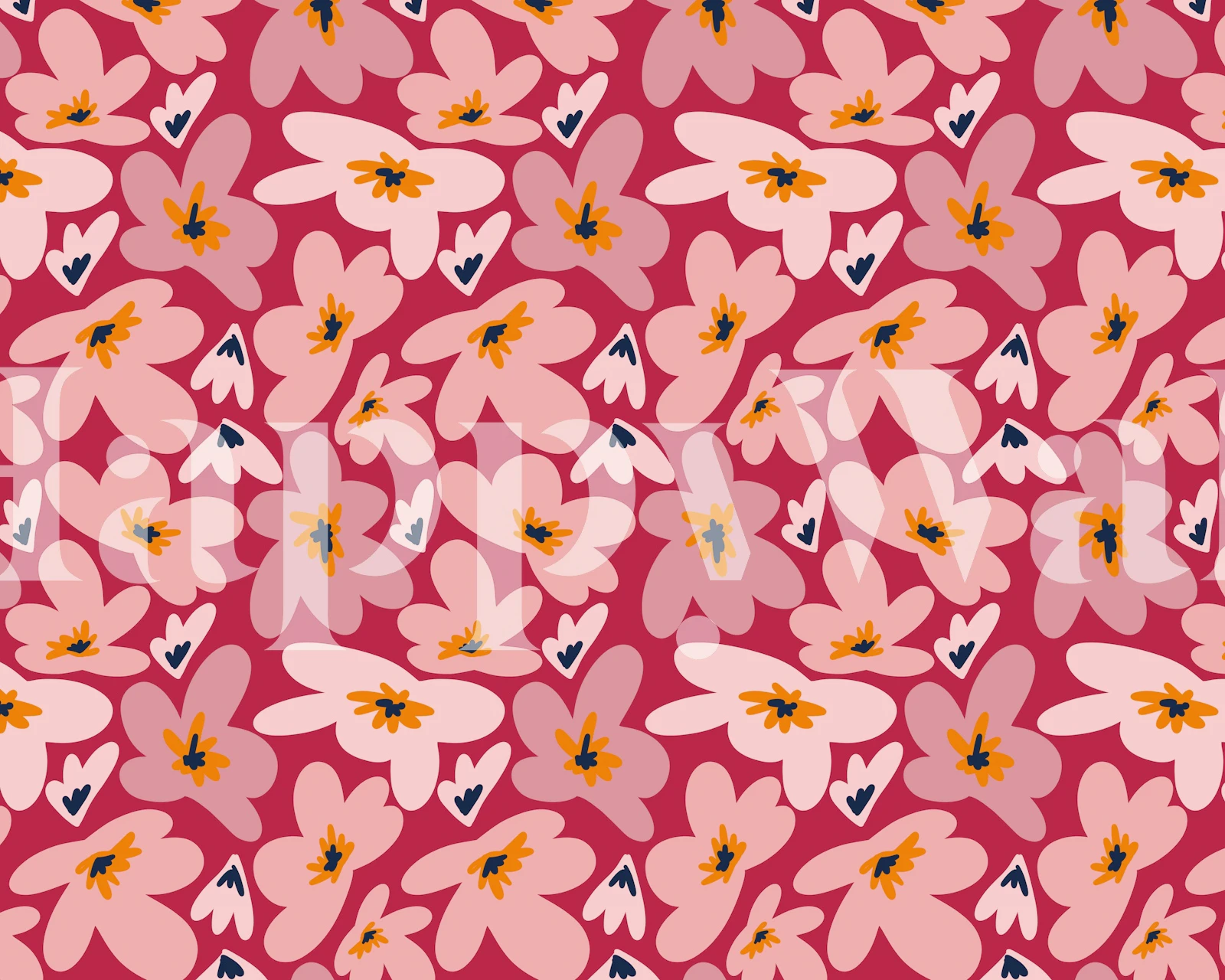 Dark pink retro flowers wallpaper in a room
