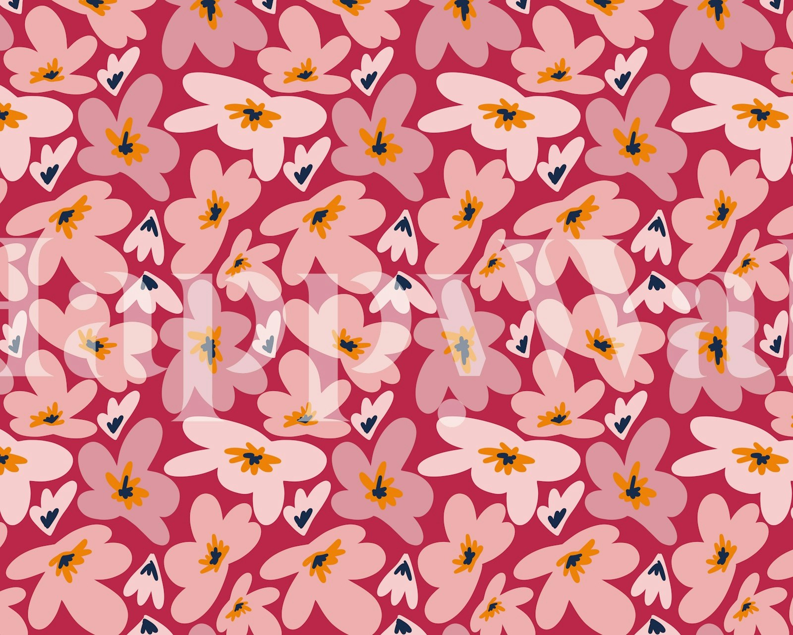 Dark Pink Retro Groovy Flowers Pattern en una habitación