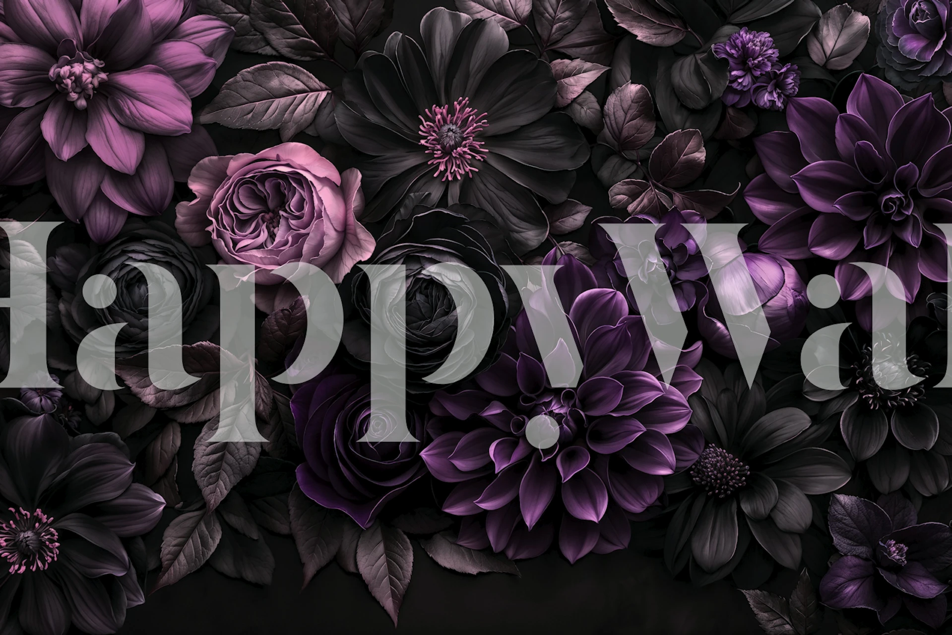 Nocturnal Botanica Baroque Flower Purple behang in een kamer