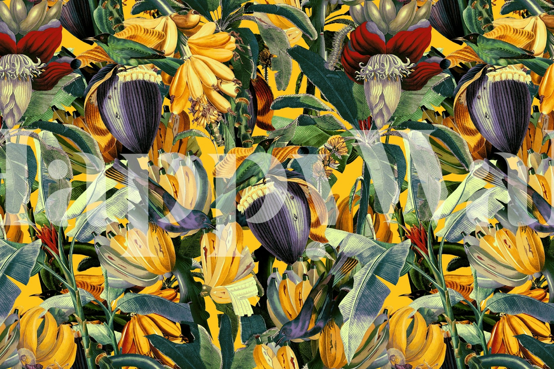 Yellow banana and green leaf pattern wallpaper