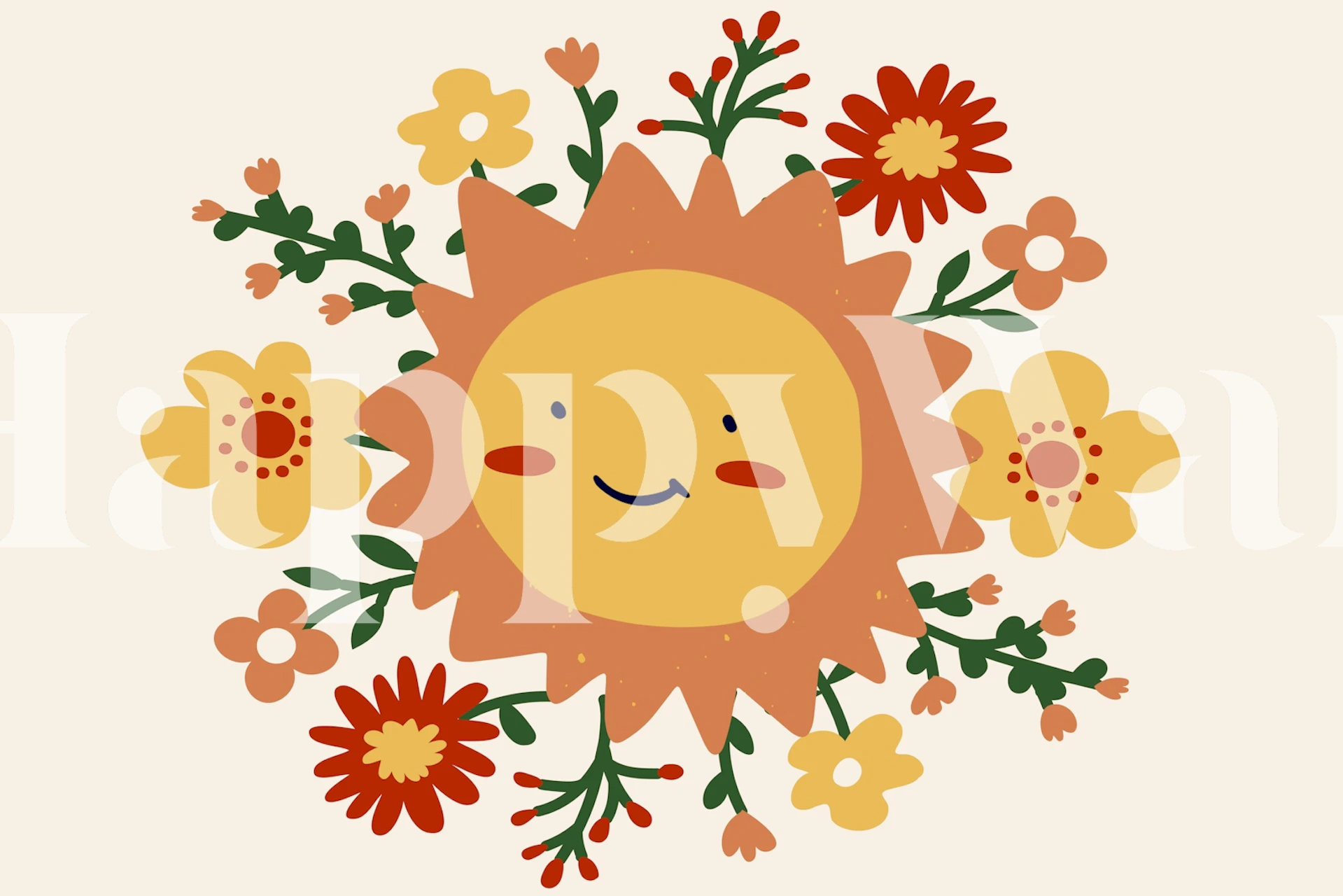 Smiling sun surrounded by colorful flowers in pastel tones wallpaper