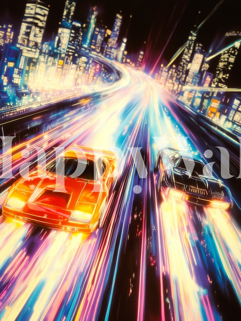 Neon cityscape with racing cars and colorful lights wallpaper