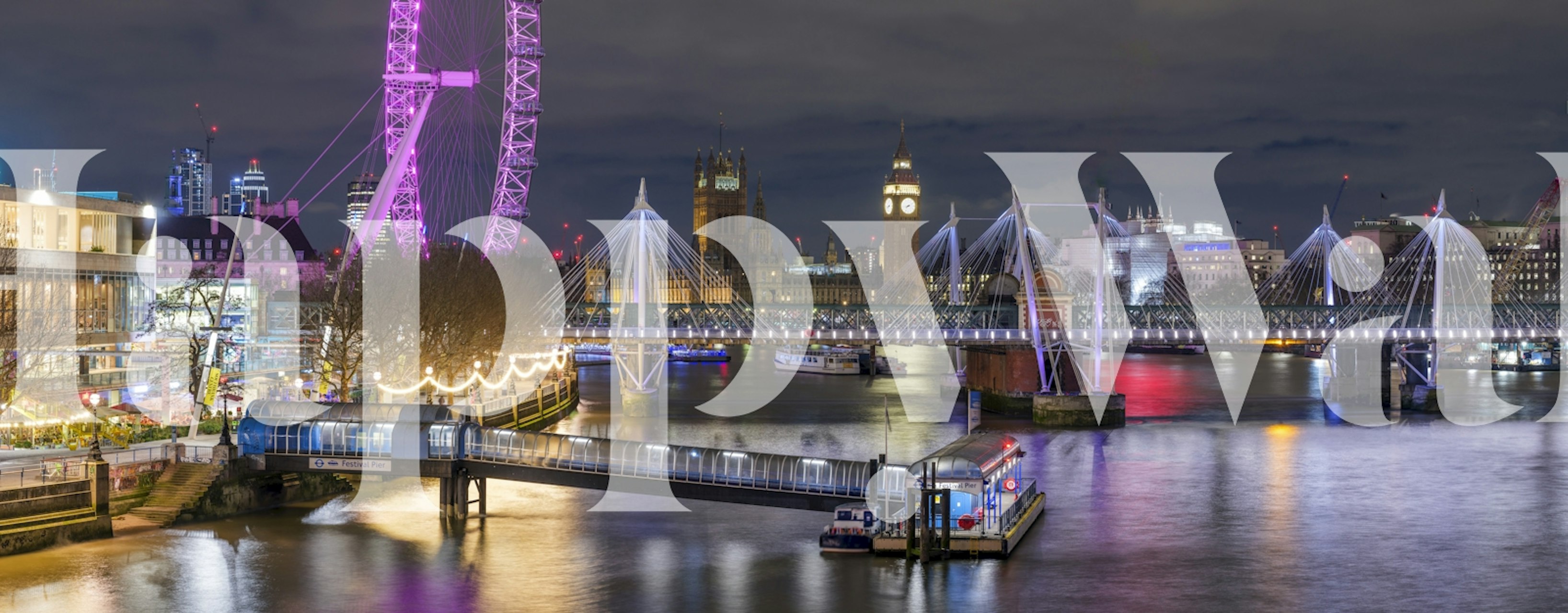 Night view of London featuring the London Eye, bridges, and city lights wallpaper