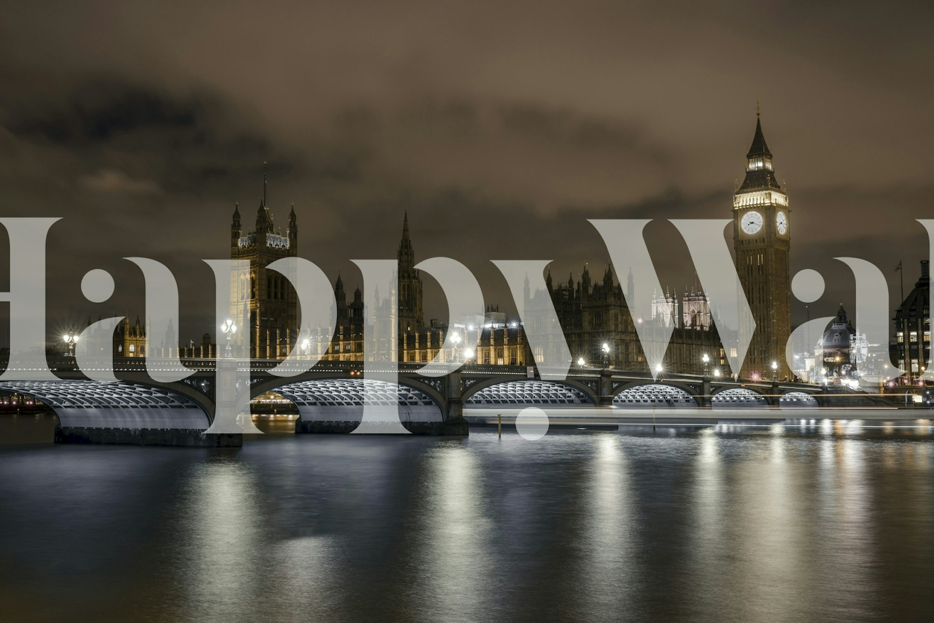 Night view of gothic spires and Big Ben reflecting in water wallpaper