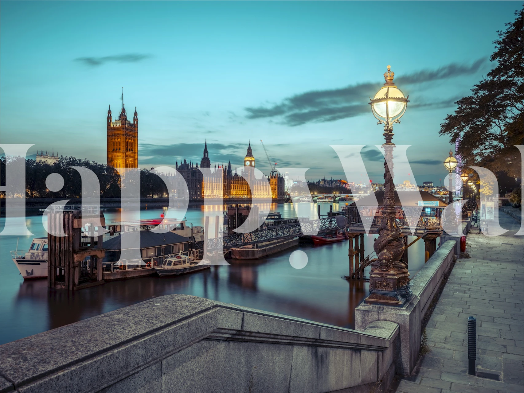 Twilight Thames cityscape wallpaper in blue and orange hues.