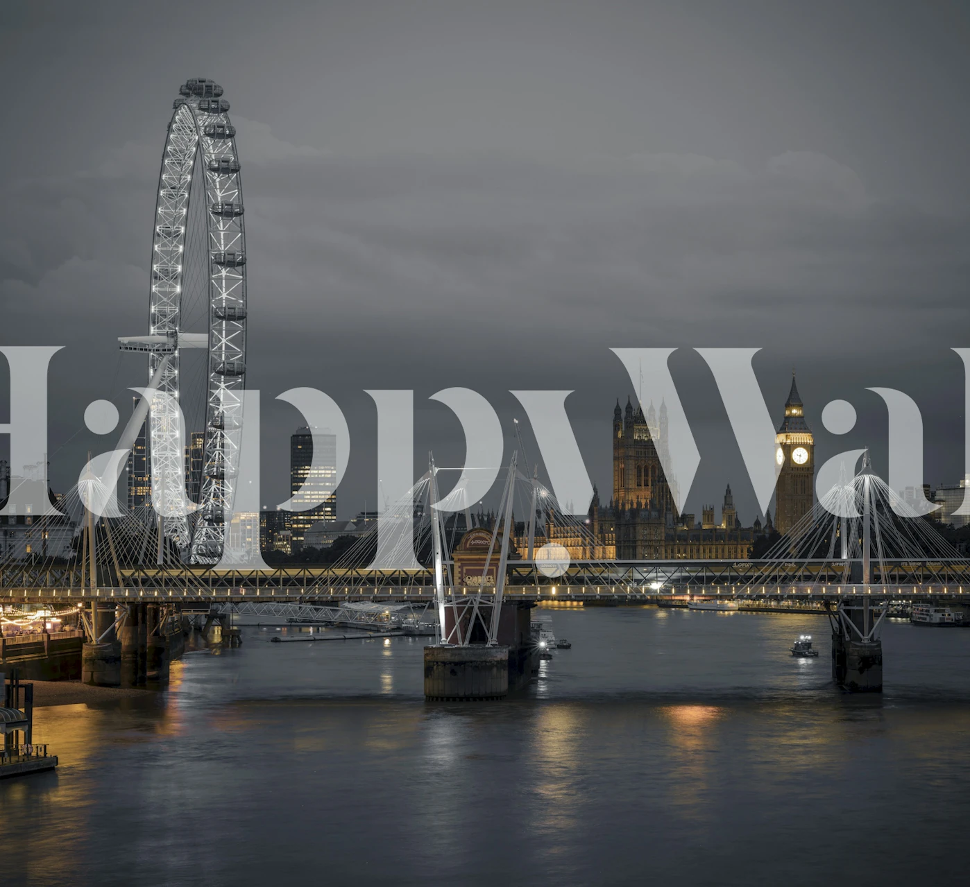 London skyline at night with lit buildings and the London Eye black and white wallpaper