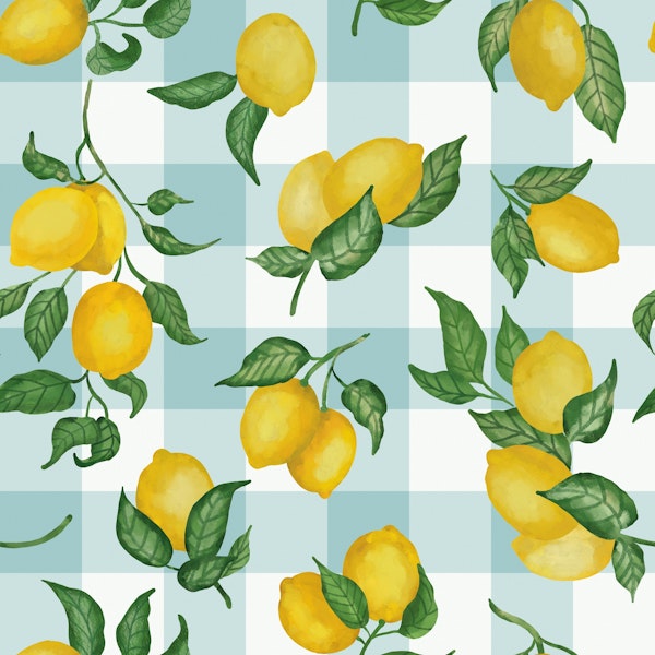 Lemons Gouache 2 Pastel Blue gingham
