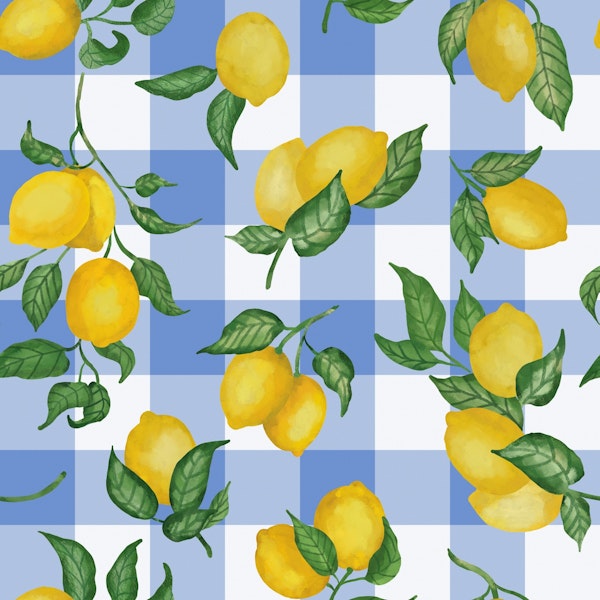 Lemons Gouache 5 Dark Pastel Blue gingham