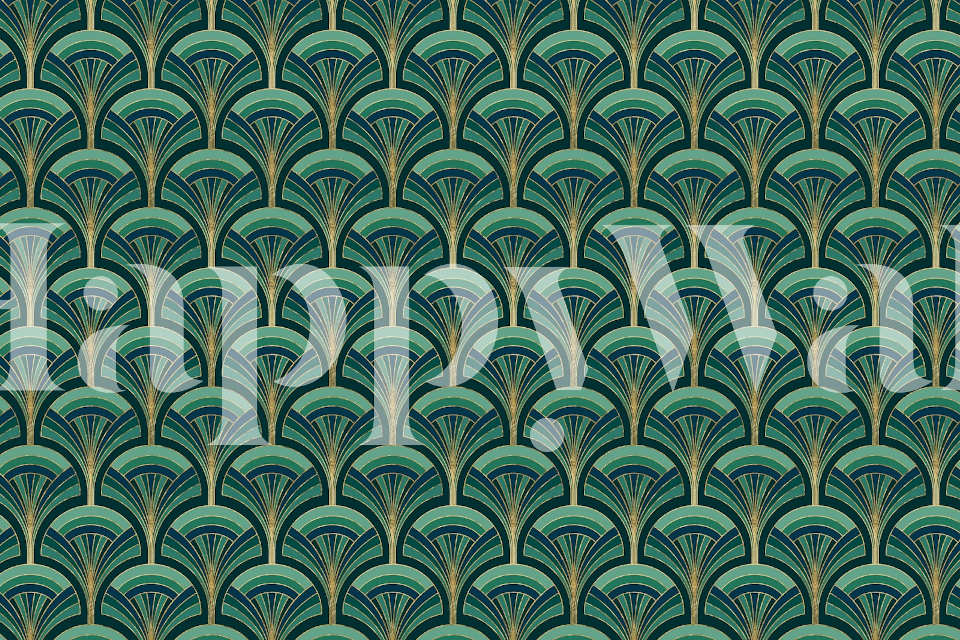 Palm leaf pattern in emerald green and gold wallpaper