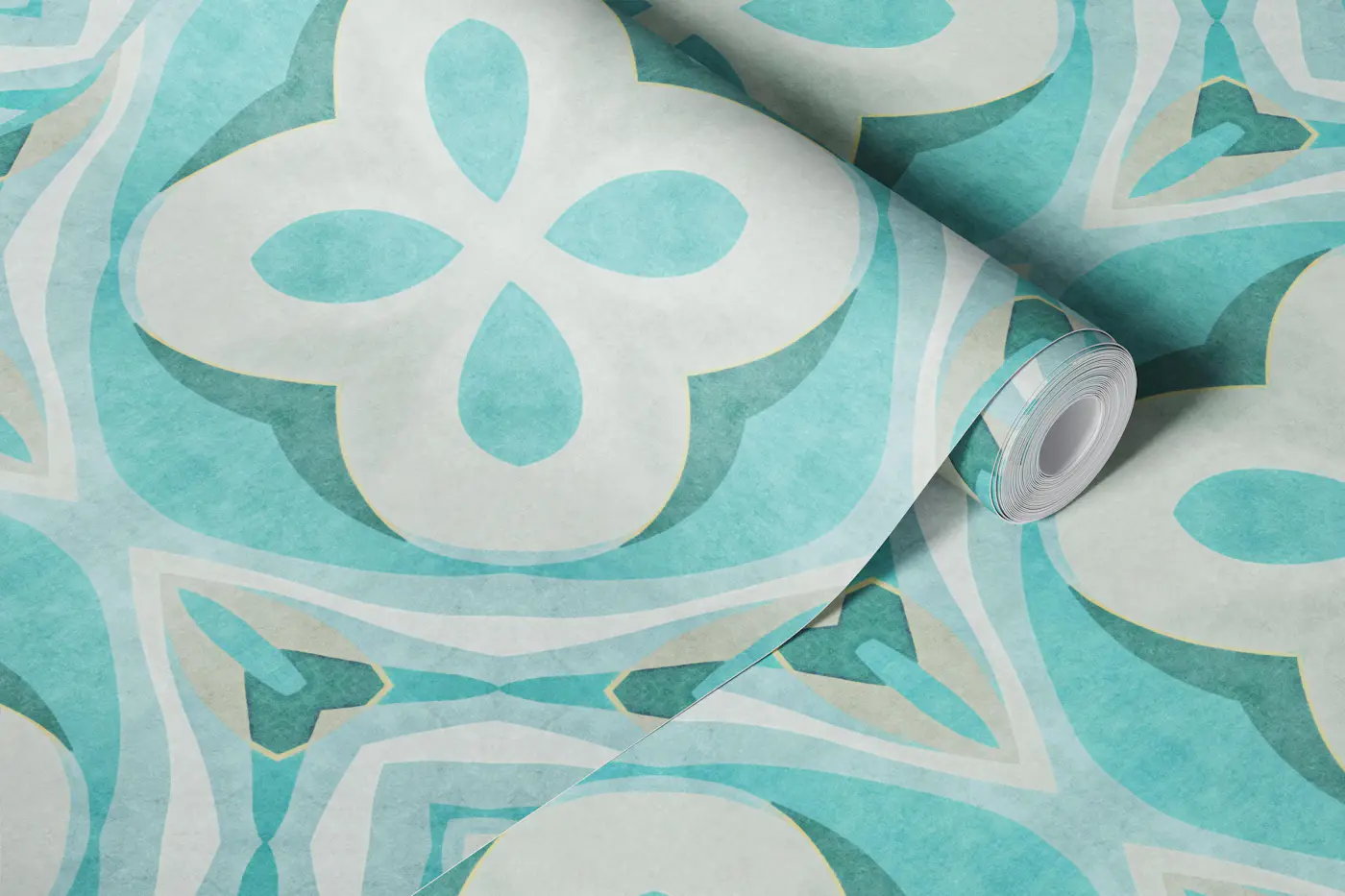 Retro Chic Tiles Teal Turquoise And Grey wallpaper roll