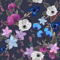 Orchid primulacea and iris pattern behang