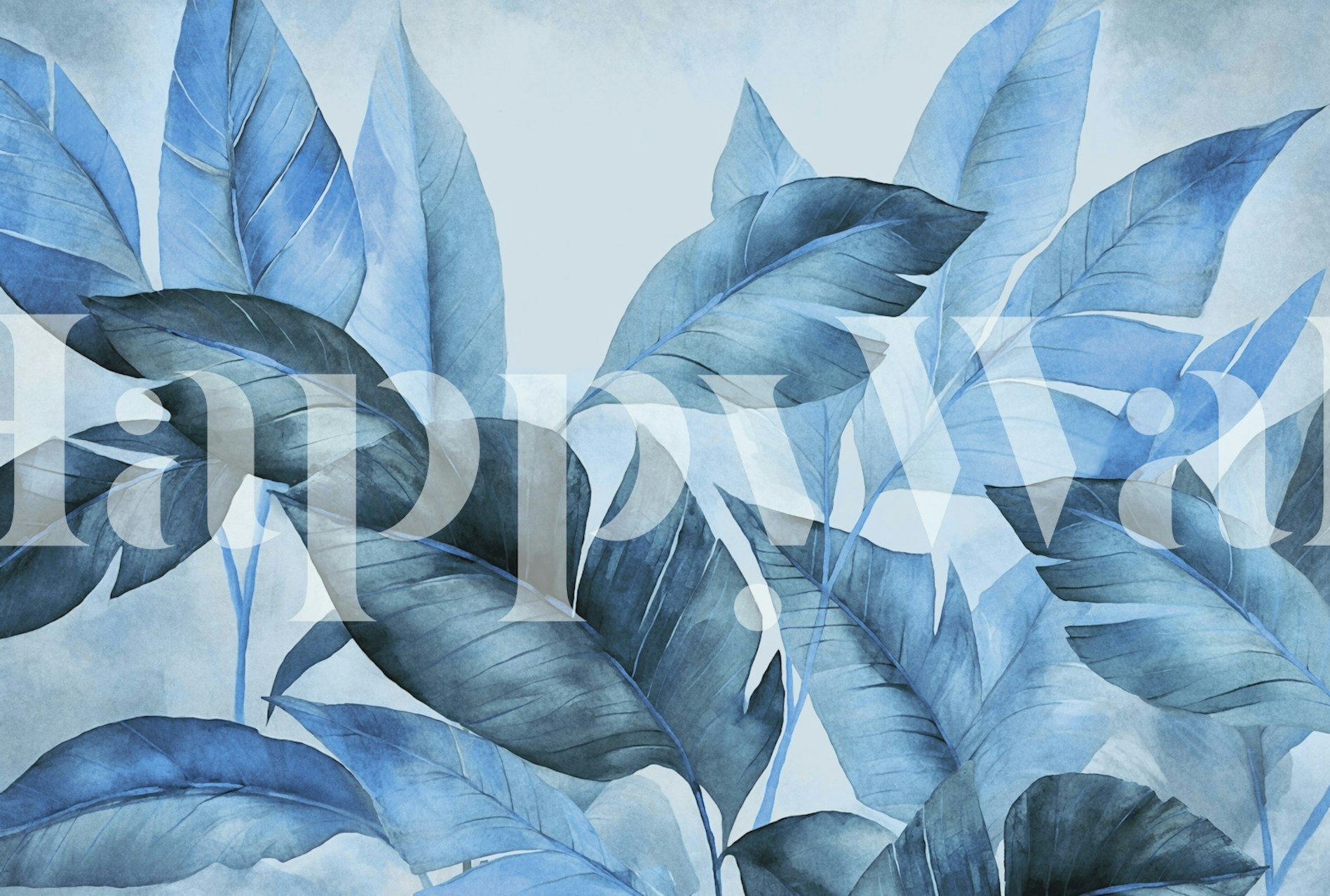 Tropical Island Foliage Blue wallpaper in a room
