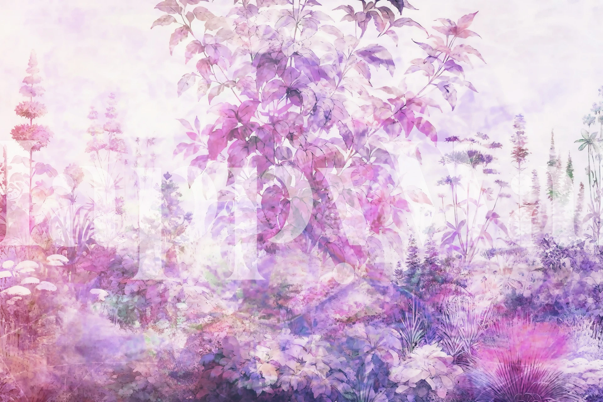 Misty Floral Haven Tapetdesign in einem Raum angezeigt