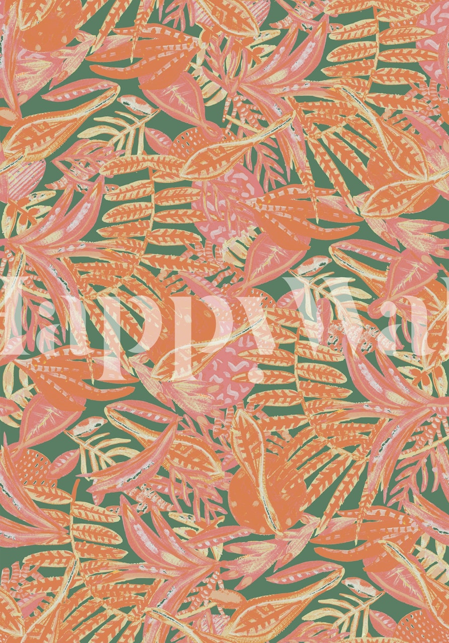 Tropical floral pattern in peach and green colors wallpaper