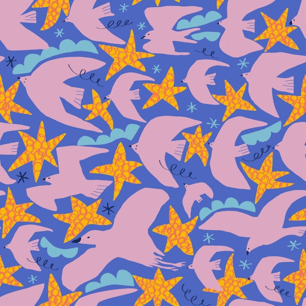 Pink birds in a starry purple sky