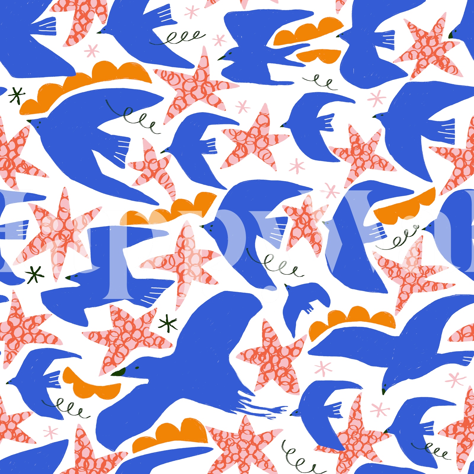 Cobalt Blue Bird Pattern Wallpaper